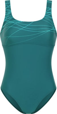 Grüner Badeanzug mit zartem Muster aus blauen Linien im oberen Bereich. Grüner Badeanzug mit zartem Muster aus blauen Linien im oberen Bereich.
