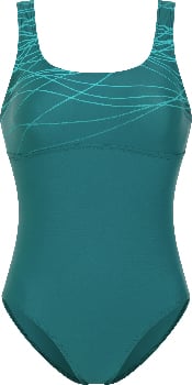 Grüner Badeanzug mit zartem Muster aus blauen Linien im oberen Bereich.