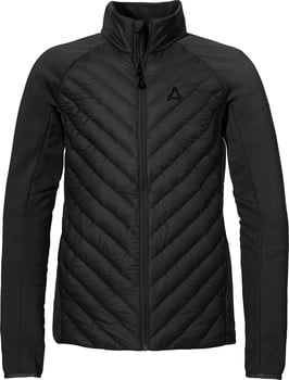 Schwarze Steppjacke mit schmalen Ärmeln und hohem Kragen.