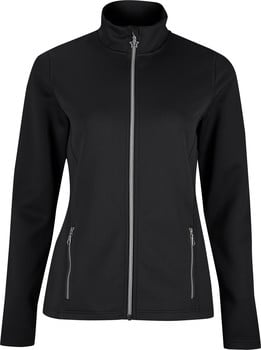 Schwarze Damenjacke mit durchgehendem Reißverschluss und hohem Kragen.