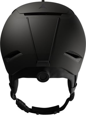 Schwarzer Atomic Skihelm mit verstellbarem Riemen und Lüftungsöffnungen. Schwarzer Atomic Skihelm mit verstellbarem Riemen und Lüftungsöffnungen.