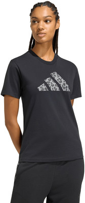 Schwarzes Adidas T-Shirt für Damen mit Leopardenmuster auf dem Logo. Schwarzes Adidas T-Shirt für Damen mit Leopardenmuster auf dem Logo.