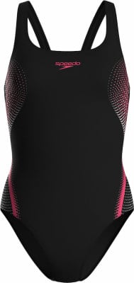 Schwarzer Speedo Badeanzug für Damen mit rosa Muster und Logo. Schwarzer Speedo Badeanzug für Damen mit rosa Muster und Logo.