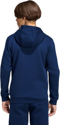 Rückansicht eines Jungen in einem dunkelblauen Kapuzenpullover und Jogginghose. Rückansicht eines Jungen in einem dunkelblauen Kapuzenpullover und Jogginghose.
