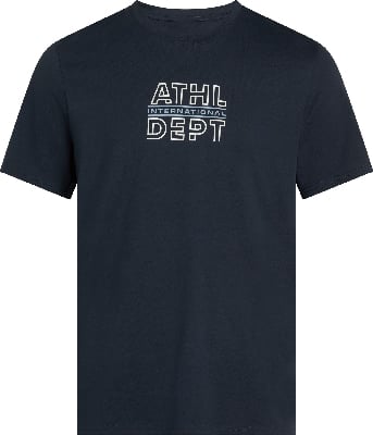 Námořnické tričko s bílým nápisem 'ATHL INTERNATIONAL DEPT'. Námořnické tričko s bílým nápisem 'ATHL INTERNATIONAL DEPT'.