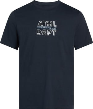 Sötétkék póló fehér 'ATHL INTERNATIONAL DEPT' felirattal.
