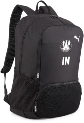 Schwarzer Puma Rucksack mit FC Schwarzenberg Logo und IN Schriftzug.