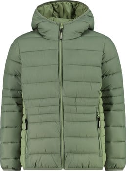 Grüne gesteppte Jacke mit Kapuze und Reißverschluss.