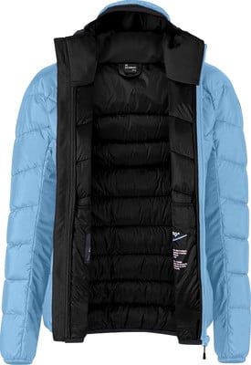 Leichte Daunenjacke mit hellblauem Außenmaterial und schwarzem Innenfutter.