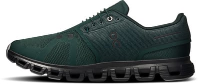 Dunkelgrüner Laufschuh mit schwarzer Sohle und ON-Logo. Dunkelgrüner Laufschuh mit schwarzer Sohle und ON-Logo.