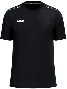 Schwarzes T-Shirt mit kurzen Ärmeln und JAKO-Logo auf der Brust.