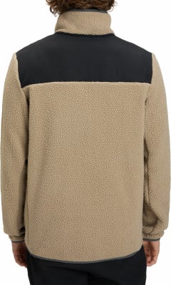 Rückansicht einer beigefarbenen Fleecejacke mit schwarzem Oberteil. Rückansicht einer beigefarbenen Fleecejacke mit schwarzem Oberteil.