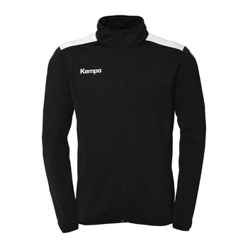 Schwarze Herrenjacke von Kempa mit weißen Schulterstreifen und Logo.