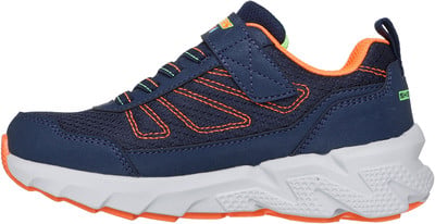 Kinder dunkelblauer Sneaker mit orangefarbenen Akzenten und Klettverschluss. Kinder dunkelblauer Sneaker mit orangefarbenen Akzenten und Klettverschluss.