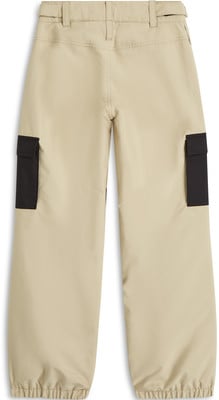 Beige Cargohose mit schwarzen Taschen und Bündchen.
