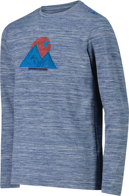 Blaues Langarmshirt mit Berg- und Sonnenaufdruck.