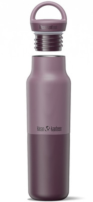 Lila Klean Kanteen Flasche mit abnehmbarem Deckel und Griff.