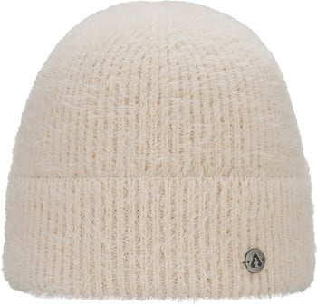 Cremefarbene Strickmütze mit feinem Flausch und dezentem Logo.