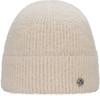 Cremefarbene Strickmütze mit feinem Flausch und dezentem Logo.