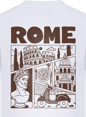 T-Shirt mit braunem Aufdruck von Rom, Kolosseum, Pizza und Vespa. T-Shirt mit braunem Aufdruck von Rom, Kolosseum, Pizza und Vespa.