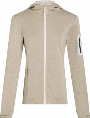 Beige Damen-Kapuzenpullover mit weißem Reißverschluss.