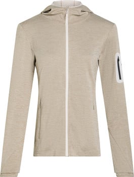 Beige Damen-Kapuzenpullover mit weißem Reißverschluss.