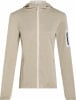 Beige Damen-Kapuzenpullover mit weißem Reißverschluss.