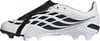 Weiße Adidas Fußballschuhe mit schwarzen Streifen und rosa Akzenten.
