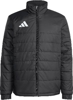 Schwarze gesteppte Adidas-Jacke mit weißem Logo auf der Brust und Reißverschluss. Schwarze gesteppte Adidas-Jacke mit weißem Logo auf der Brust und Reißverschluss.