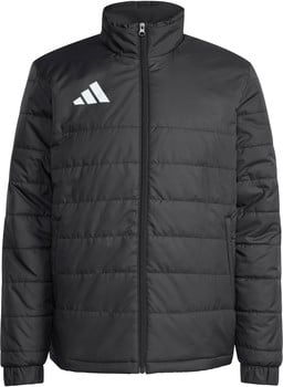 Schwarze gesteppte Adidas-Jacke mit weißem Logo auf der Brust und Reißverschluss.