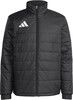 Schwarze gesteppte Adidas-Jacke mit weißem Logo auf der Brust und Reißverschluss.