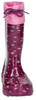 Gummistiefel mit rosa Bündchen und Sternen auf dunkelviolettem Grund.