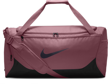 Eine rosafarbene Nike Sporttasche mit schwarzen Akzenten und Logo.
