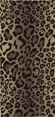 Goldener Schal mit braunem Leopardenmuster und Buff-Logo. Goldener Schal mit braunem Leopardenmuster und Buff-Logo.
