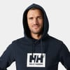Egy férfi sötétkék kapucnis pulóverben, Helly Hansen logóval.