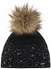 Schwarze Wintermütze mit Bommel aus Kunstpelz und glitzernden Schneeflocken.