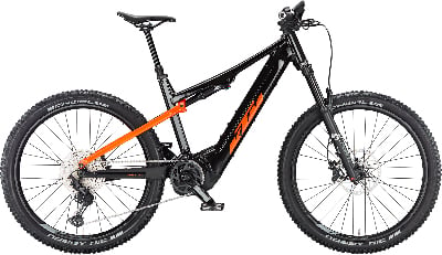 Schwarzes KTM E-Mountainbike mit orangefarbenen Akzenten und Federung. Schwarzes KTM E-Mountainbike mit orangefarbenen Akzenten und Federung.