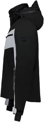 Schwarze Winterjacke mit grauen Streifen und Logo auf dem Ärmel. Schwarze Winterjacke mit grauen Streifen und Logo auf dem Ärmel.