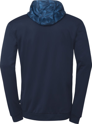 Dunkelblaue Kapuzenpullover mit geometrischem Muster auf der Kapuzeninnenseite.