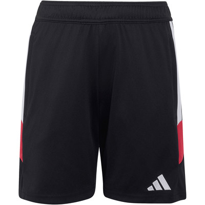 Černé sportovní šortky s bílými a červenými pruhy na boku a logem Adidas. Černé sportovní šortky s bílými a červenými pruhy na boku a logem Adidas.