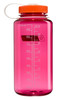 Eine rosa Plastikwasserflasche mit ml- und Unzenmarkierungen.