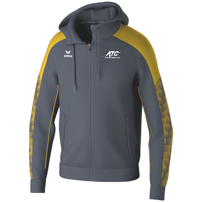 Grauer Kapuzenpullover mit gelben Details und ATC-Logo.