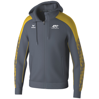 Grauer Kapuzenpullover mit gelben Details und ATC-Logo.