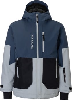 Blaue Jacke mit grauen und schwarzen Einsätzen und SCOTT-Logo.