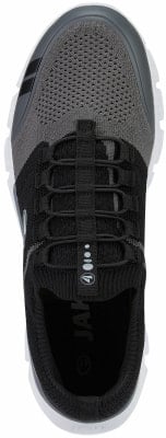Schwarzer und grauer Strick-Laufschuh mit Gummizügen und Logo. Schwarzer und grauer Strick-Laufschuh mit Gummizügen und Logo.