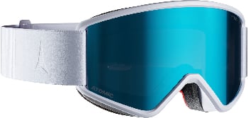 Skibrille mit weißem Band und blauer Spiegelscheibe.