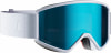 Skibrille mit weißem Band und blauer Spiegelscheibe.