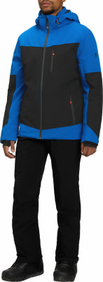 Ein Mann in einer blau-schwarzen Skijacke und schwarzer Hose posiert. Ein Mann in einer blau-schwarzen Skijacke und schwarzer Hose posiert.