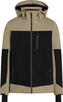 Herrenjacke mit Kapuze, beige und schwarz, mit orangefarbenen Details.