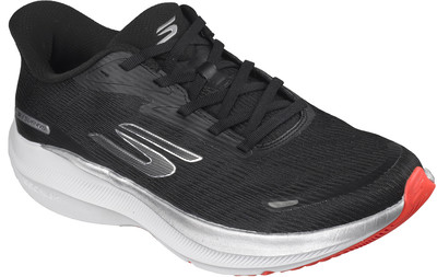 Schwarzer Skechers Laufschuh mit weißer Sohle und roter Zehenpartie. Schwarzer Skechers Laufschuh mit weißer Sohle und roter Zehenpartie.
